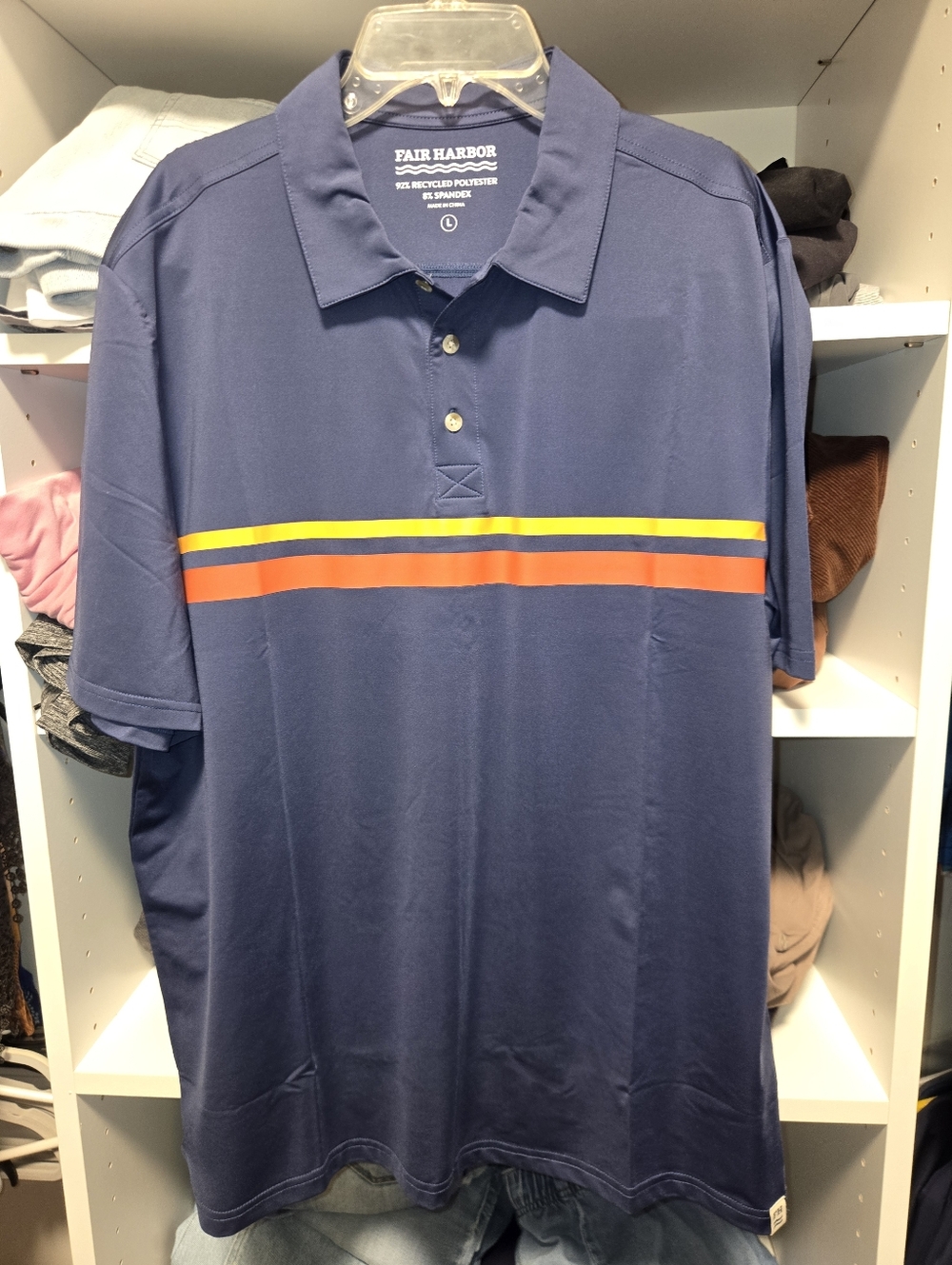 Fair Harbor Navy Polo with Yellow and Orange Chest Stripes